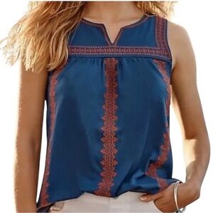 J. Jill Navy Sleeveless Embroidered Yoke Shell with Rust Accents